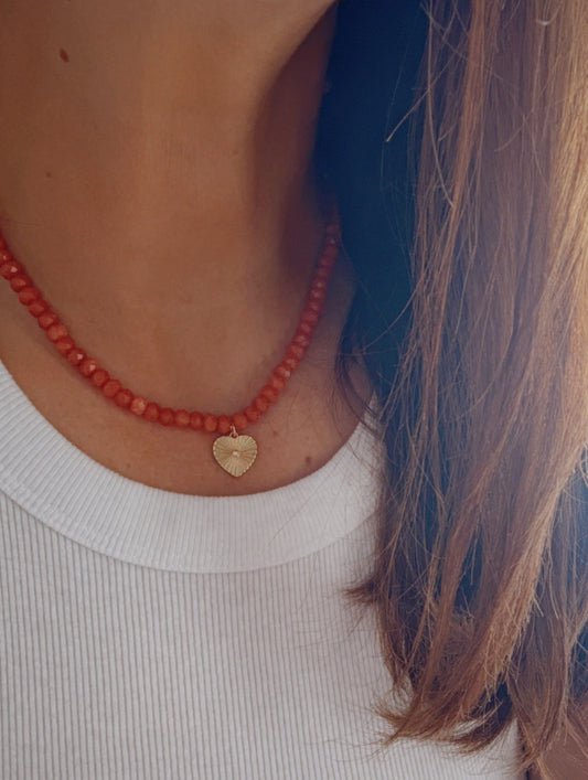 Coral Jade Gemstone Necklace with Heart Charm