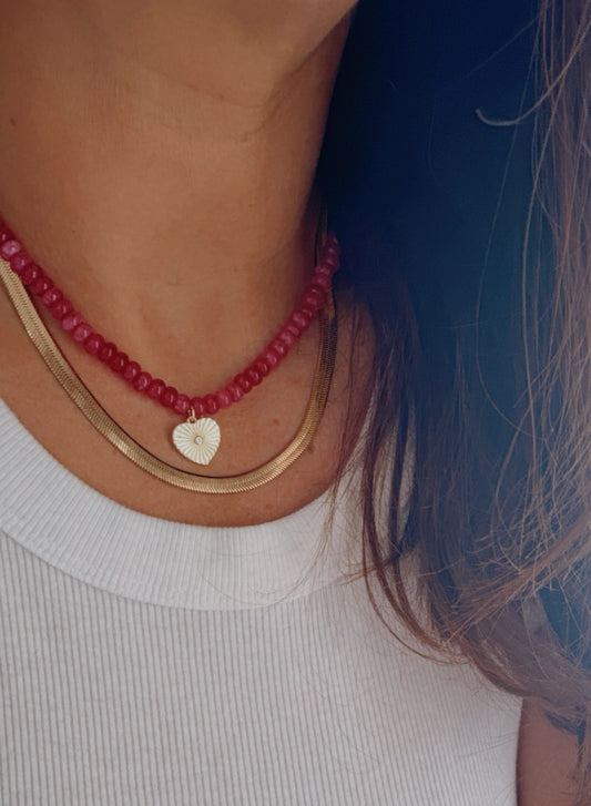 Fucshia Jade Gemstone Necklace with Heart Charm