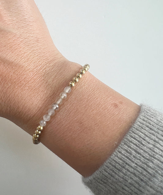 Grey Moonstone + Gold  Gemstone Beaded Bracelet