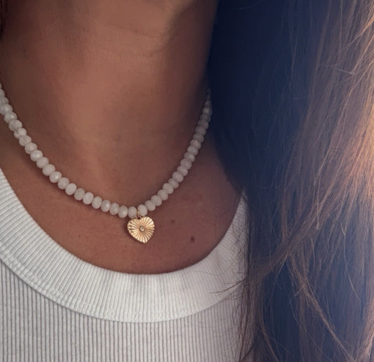 White Moonstone Gemstone Necklace with Heart Charm