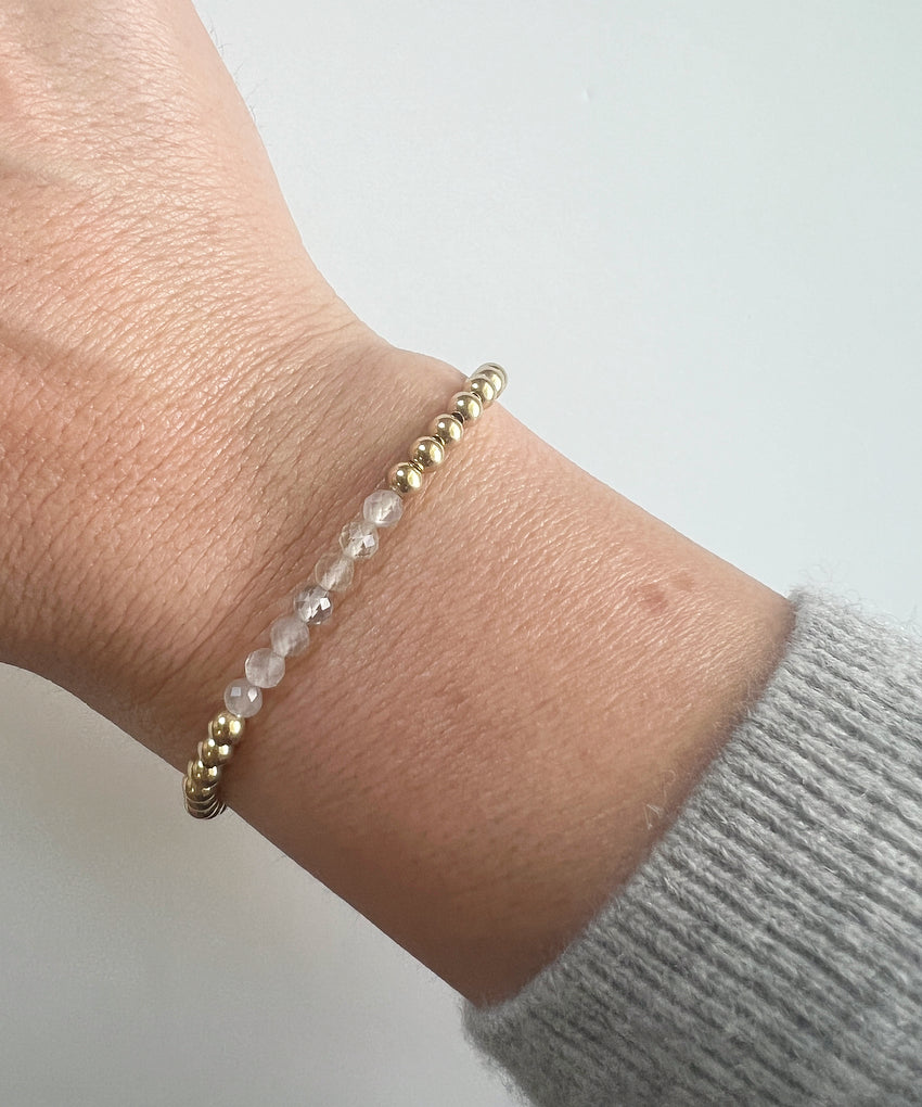 Grey Moonstone + Gold  Gemstone Beaded Bracelet