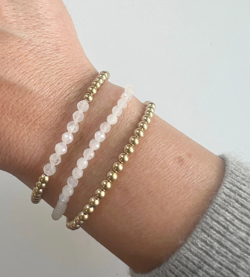 White Moonstone + Gold  Gemstone Beaded Bracelet